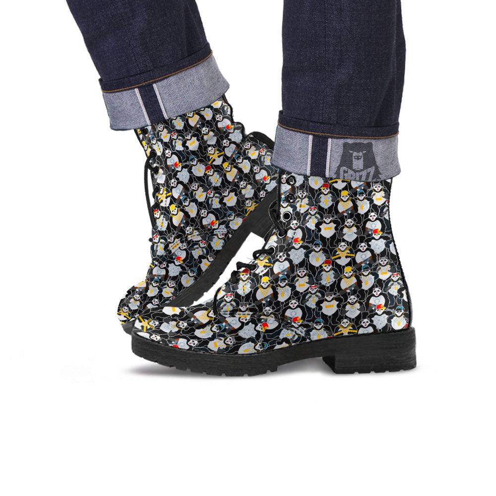 Panda Gangster Gang Print Pattern Leather Boots-grizzshop