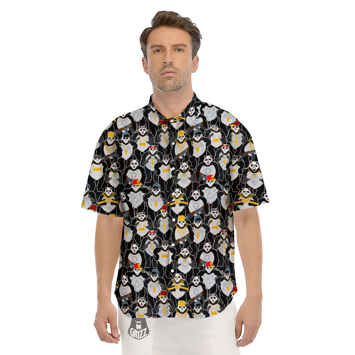 Panda Gangster Gang Print Pattern Men's Short Sleeve Shirts-grizzshop