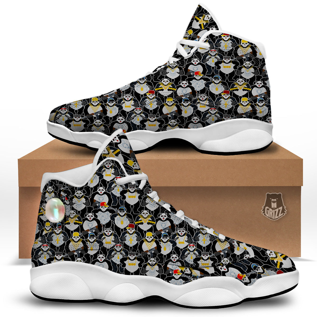 Panda Gangster Gang Print Pattern White Basketball Shoes-grizzshop