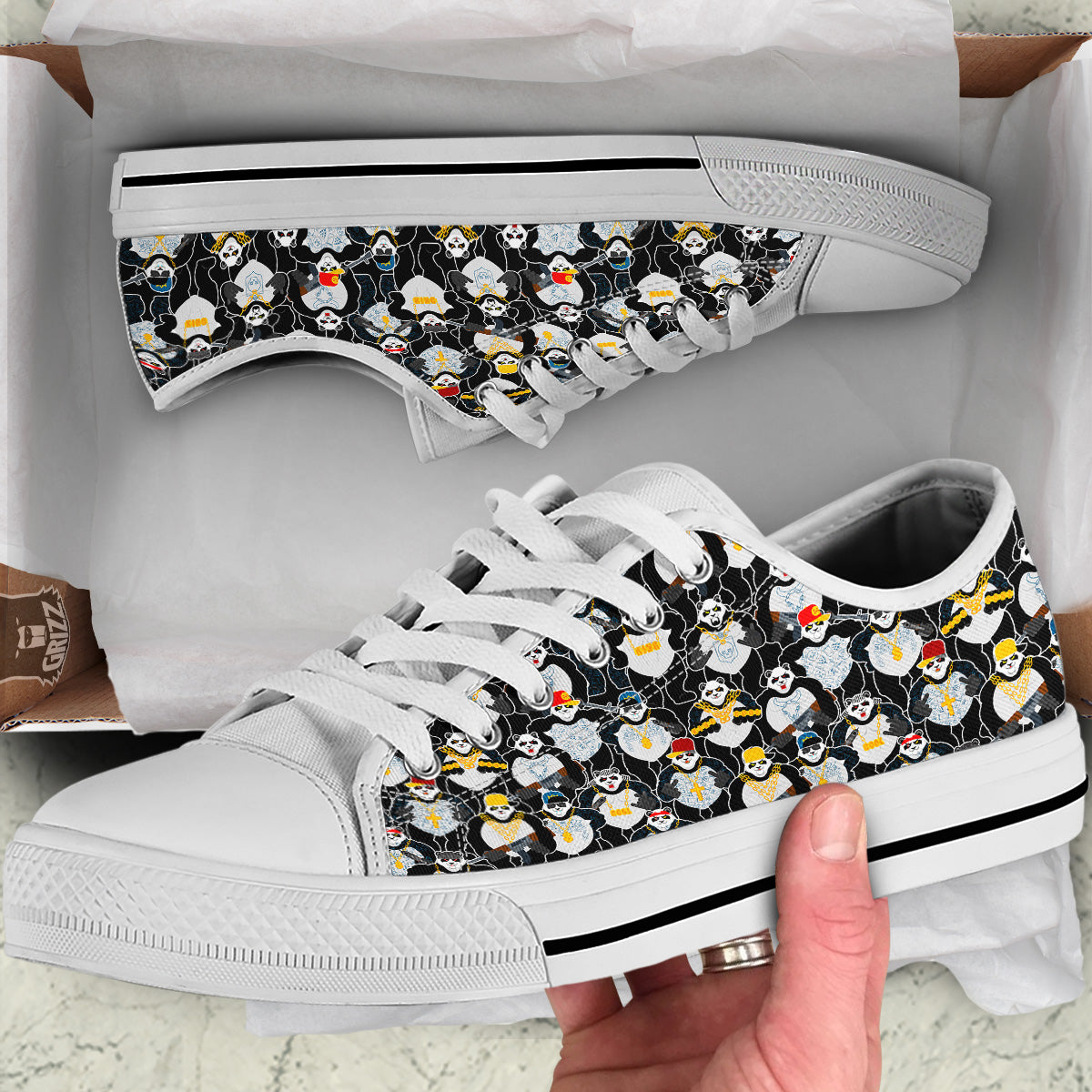 Panda Gangster Gang Print Pattern White Low Top Shoes-grizzshop