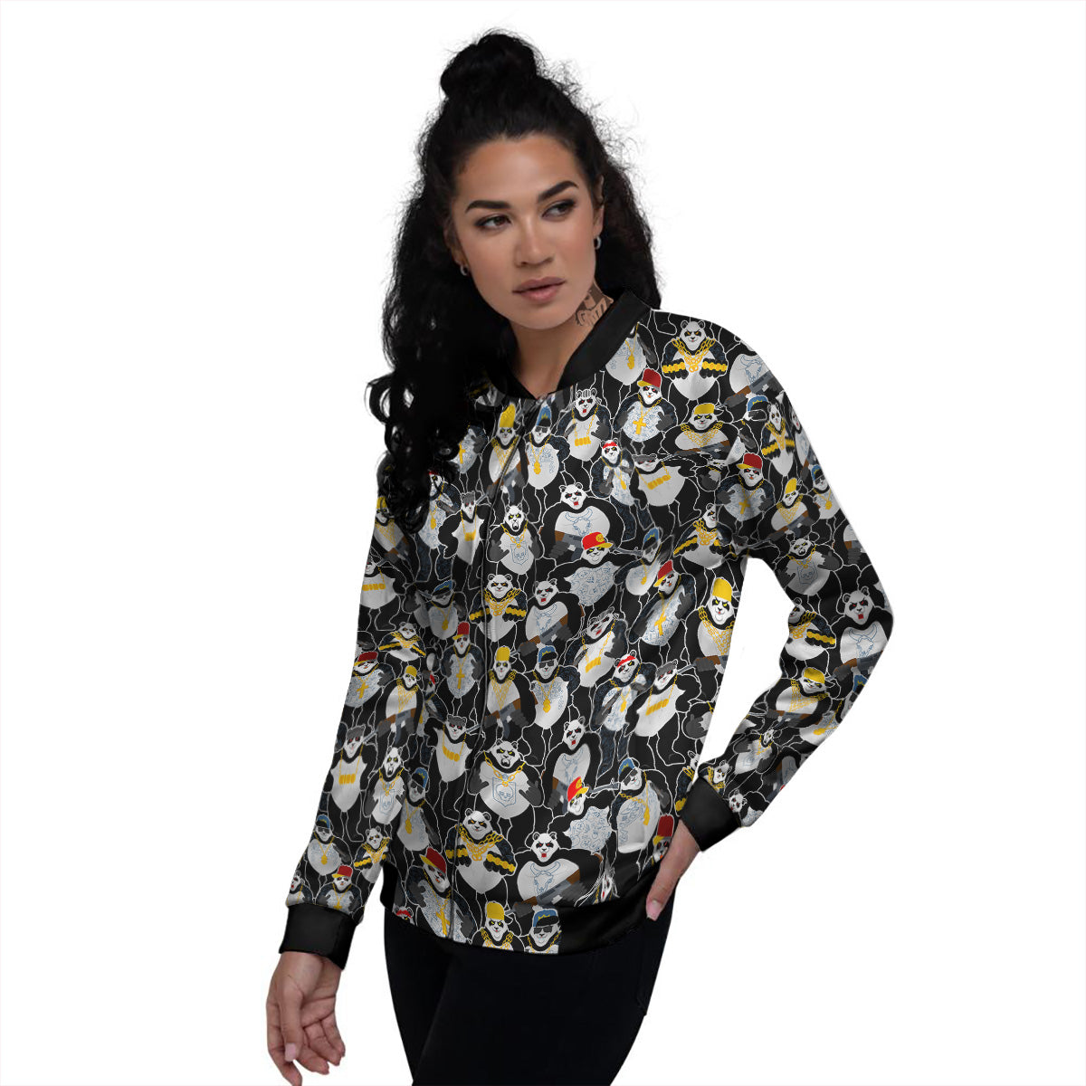 Panda Gangster Gang Print Pattern Women's Bomber Jacket-grizzshop