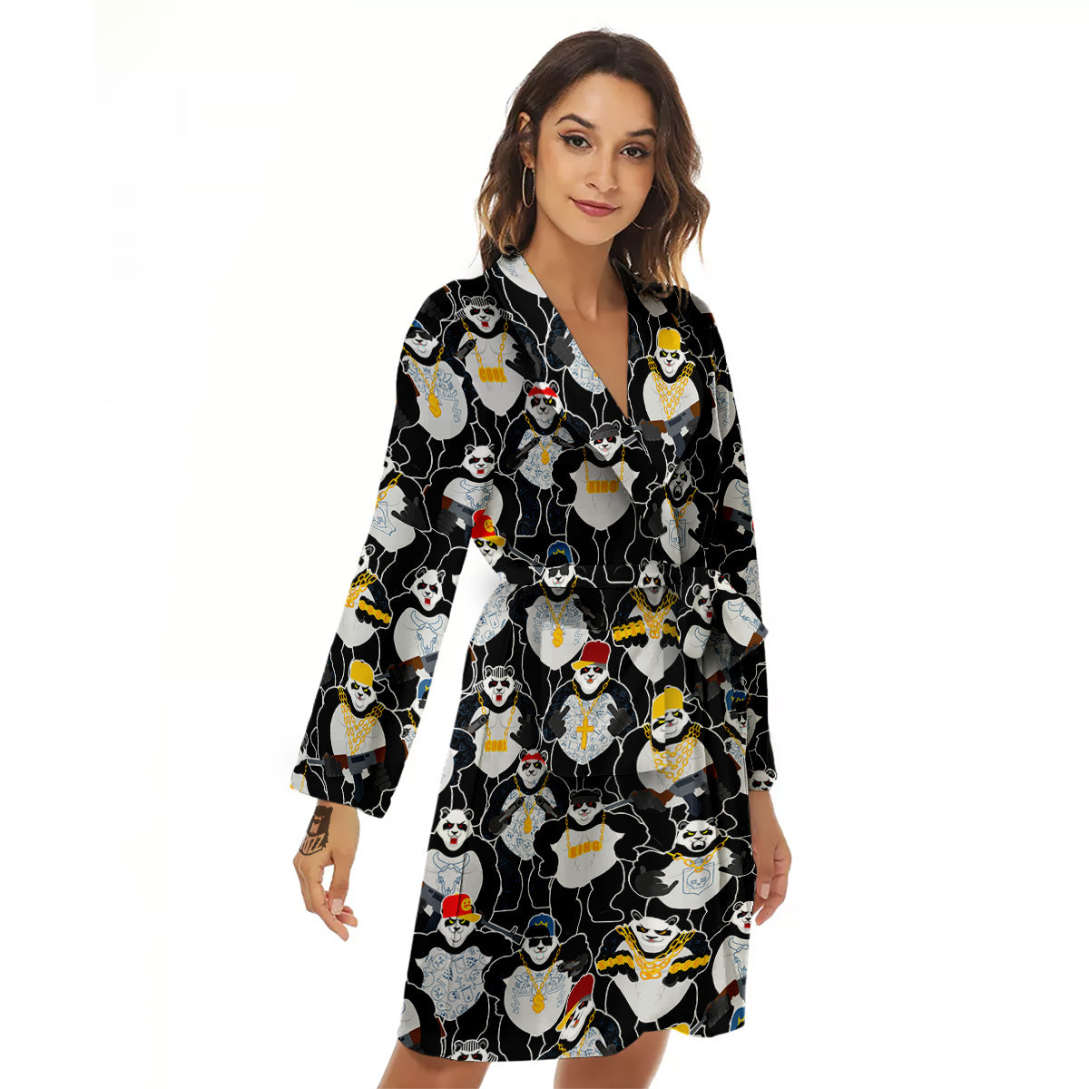 Panda Gangster Gang Print Pattern Women's Robe-grizzshop