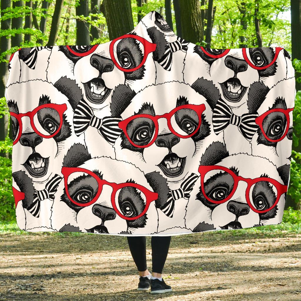 Panda Red Glasses Pattern Print Hooded Blanket-grizzshop