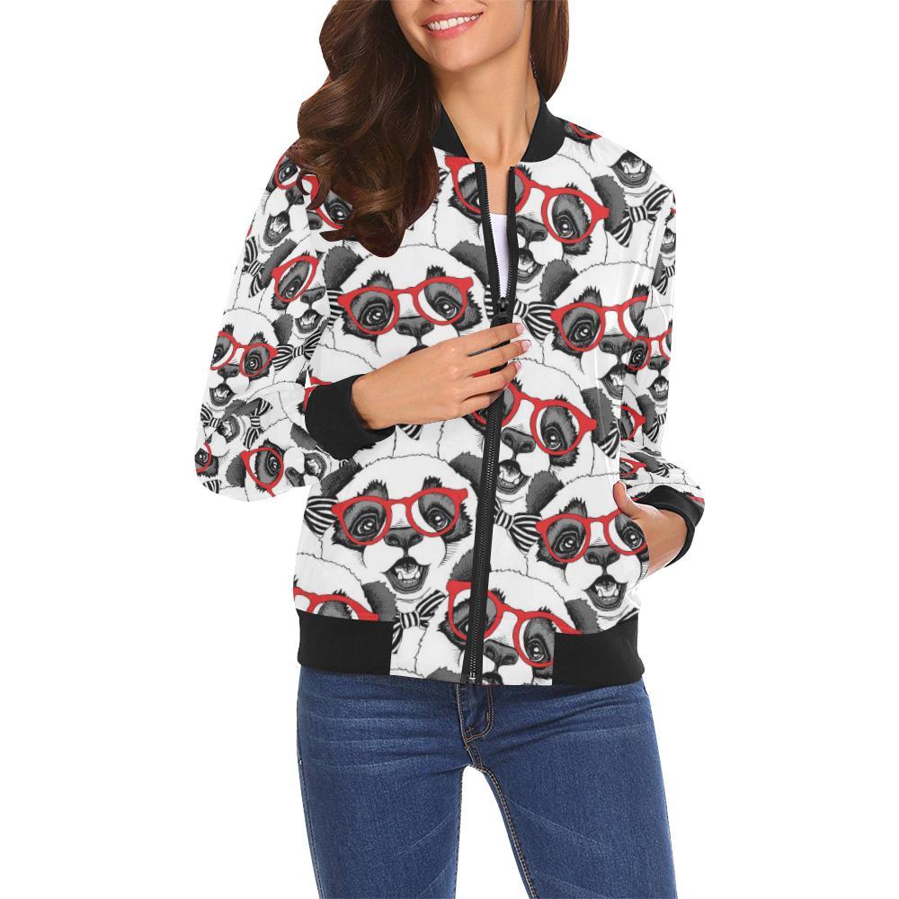 Panda Red Glasses Pattern Print Women Casual Bomber Jacket-grizzshop