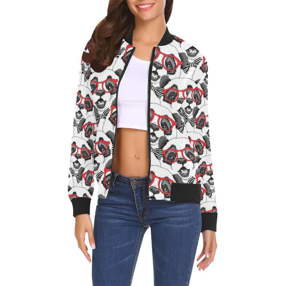 Panda Red Glasses Pattern Print Women Casual Bomber Jacket-grizzshop
