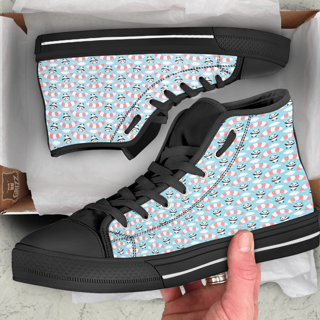 Parachute And Cute Panda Print Pattern Black High Top Shoes-grizzshop