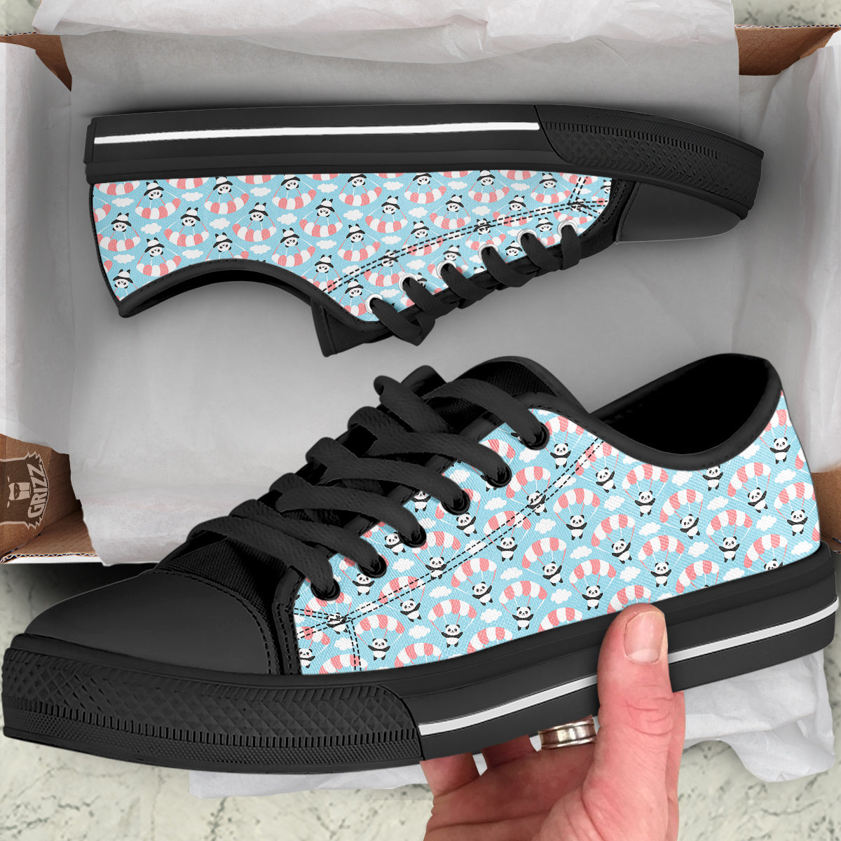 Parachute And Cute Panda Print Pattern Black Low Top Shoes-grizzshop