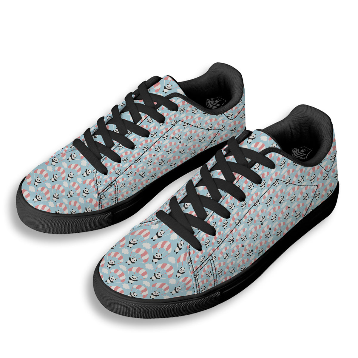 Parachute And Cute Panda Print Pattern Black Low Top Sneakers-grizzshop
