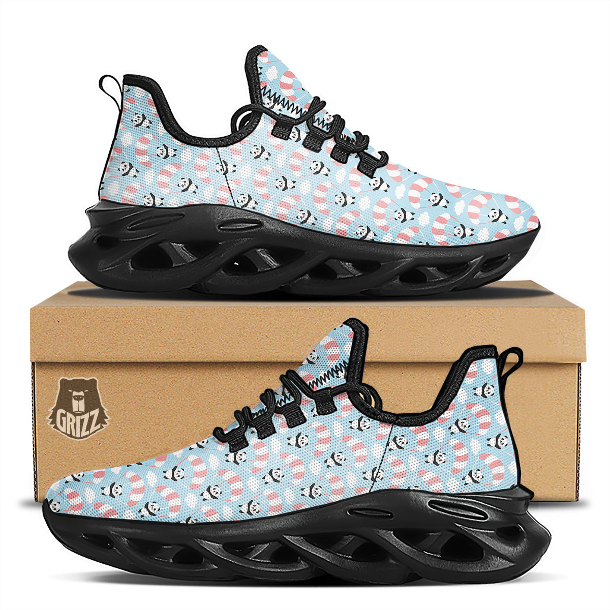 Parachute And Cute Panda Print Pattern Black Running Shoes-grizzshop