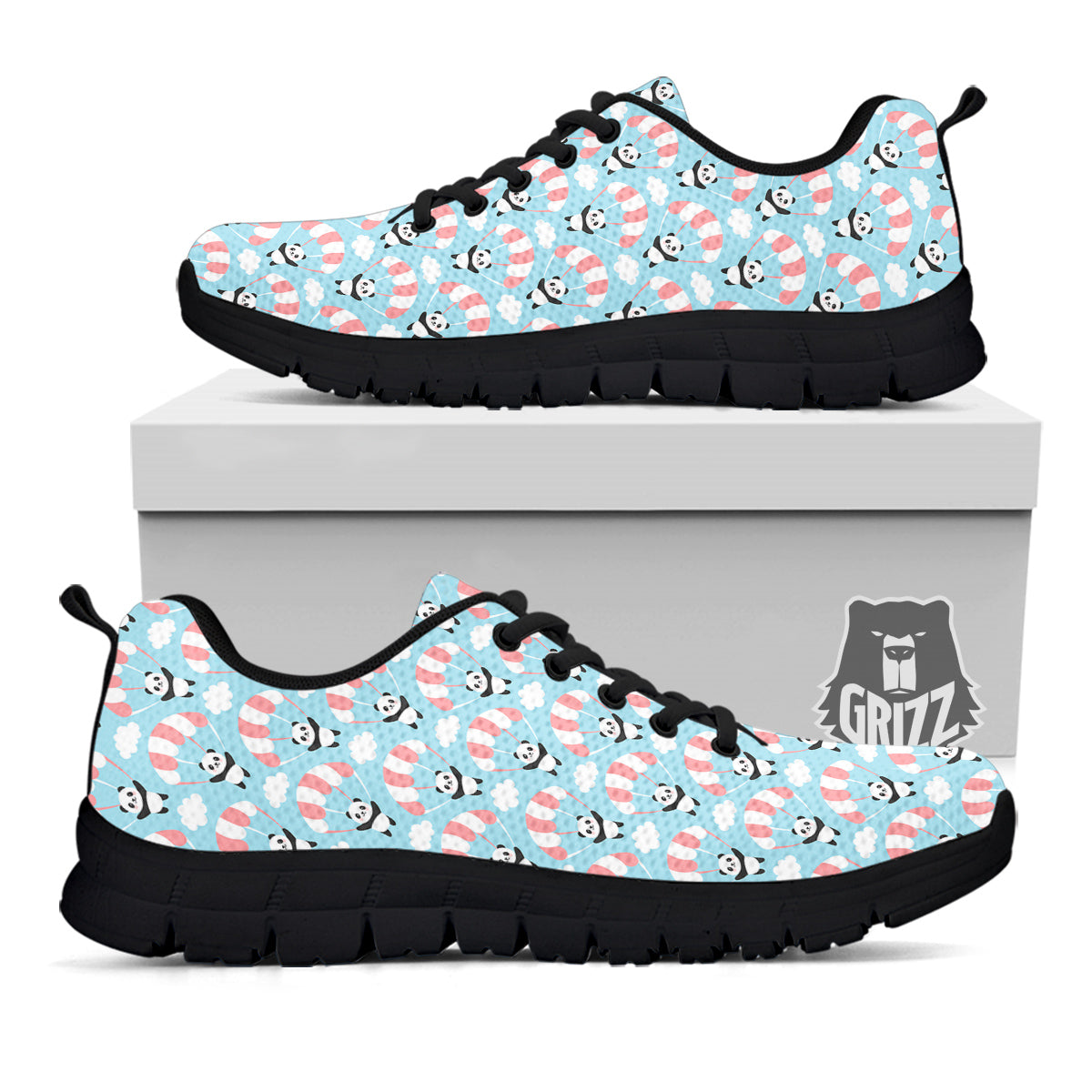 Parachute And Cute Panda Print Pattern Black Sneaker-grizzshop