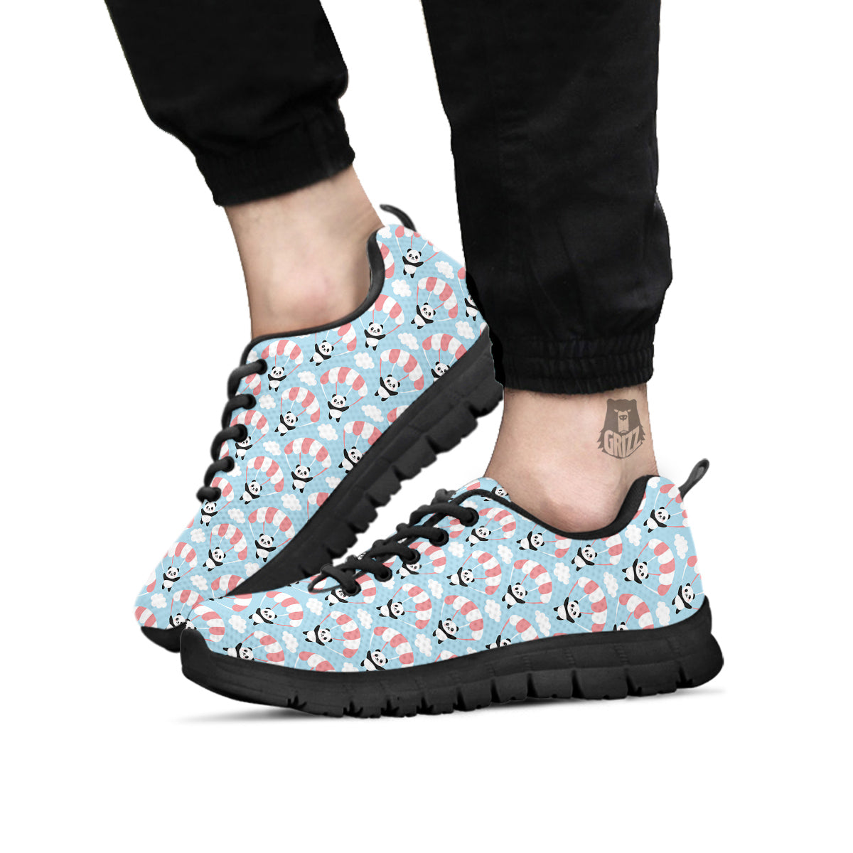 Parachute And Cute Panda Print Pattern Black Sneaker-grizzshop