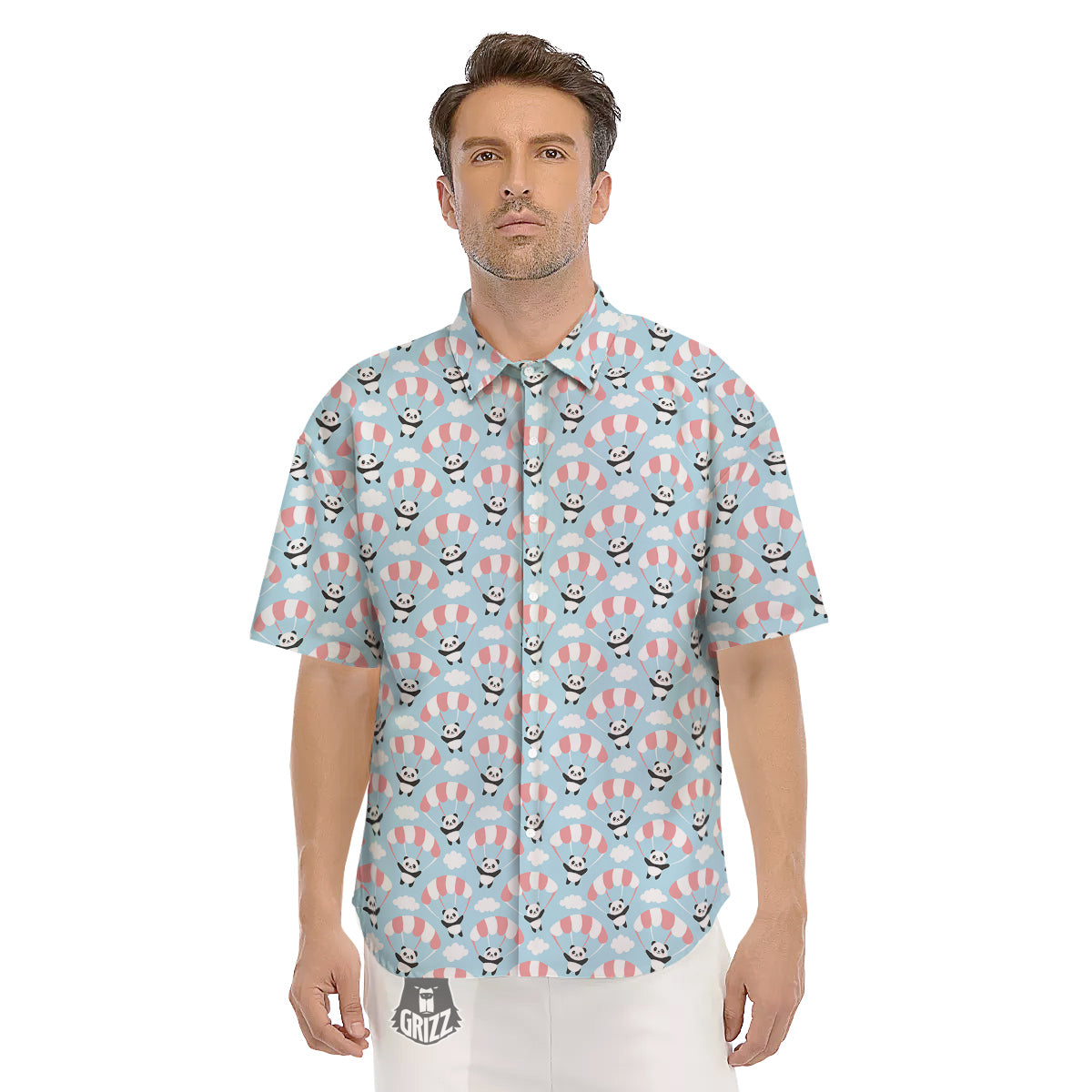 Parachute And Cute Panda Print Pattern Men's Short Sleeve Shirts-grizzshop
