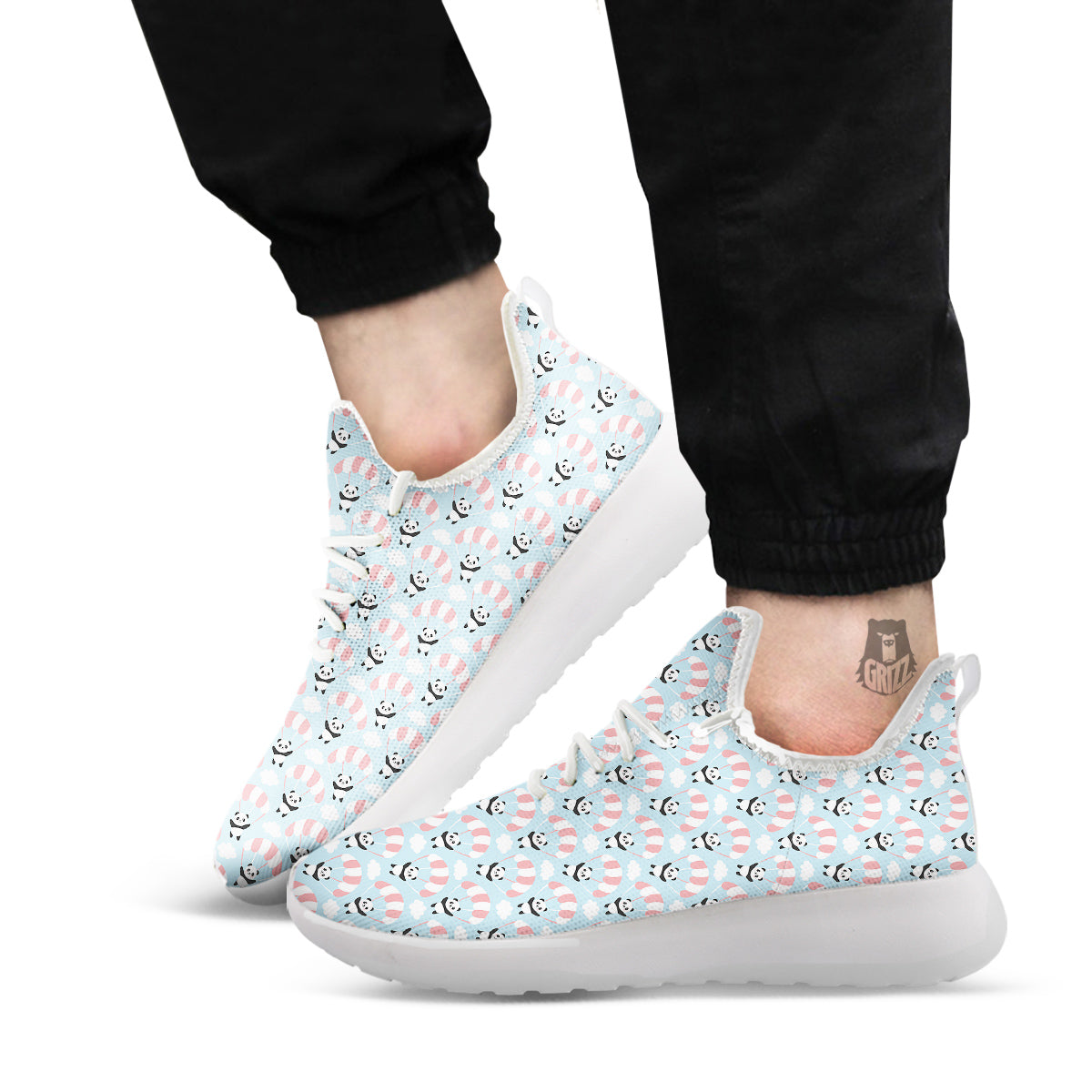 Parachute And Cute Panda Print Pattern White Athletic Shoes-grizzshop