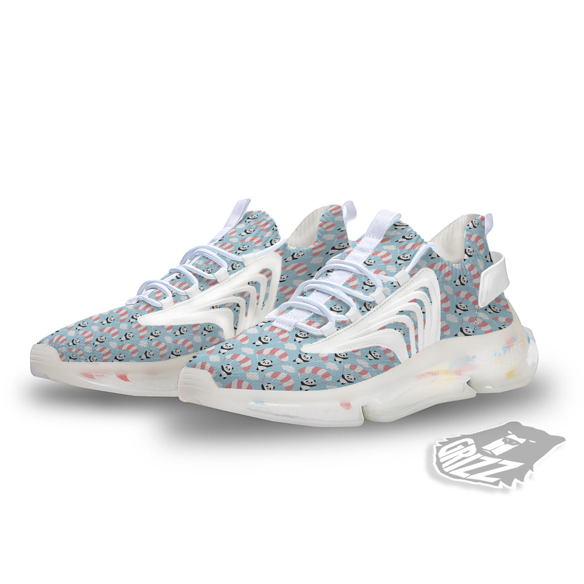 Parachute And Cute Panda Print Pattern White Gym Shoes-grizzshop