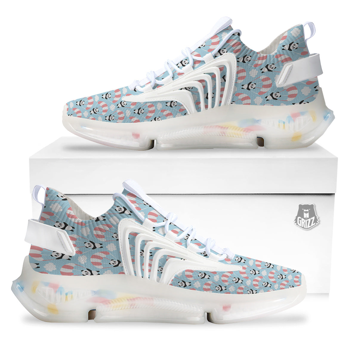 Parachute And Cute Panda Print Pattern White Gym Shoes-grizzshop