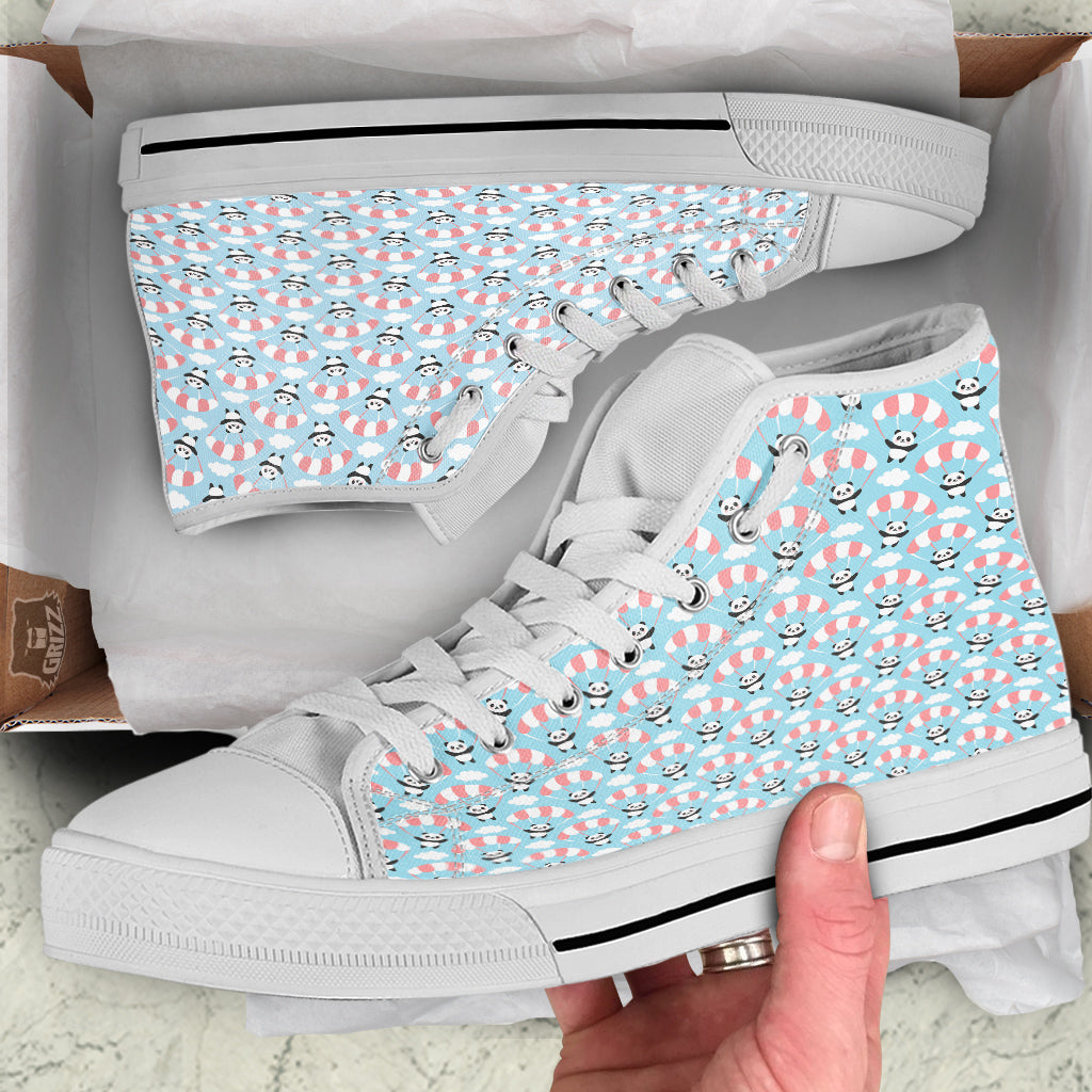 Parachute And Cute Panda Print Pattern White High Top Shoes-grizzshop
