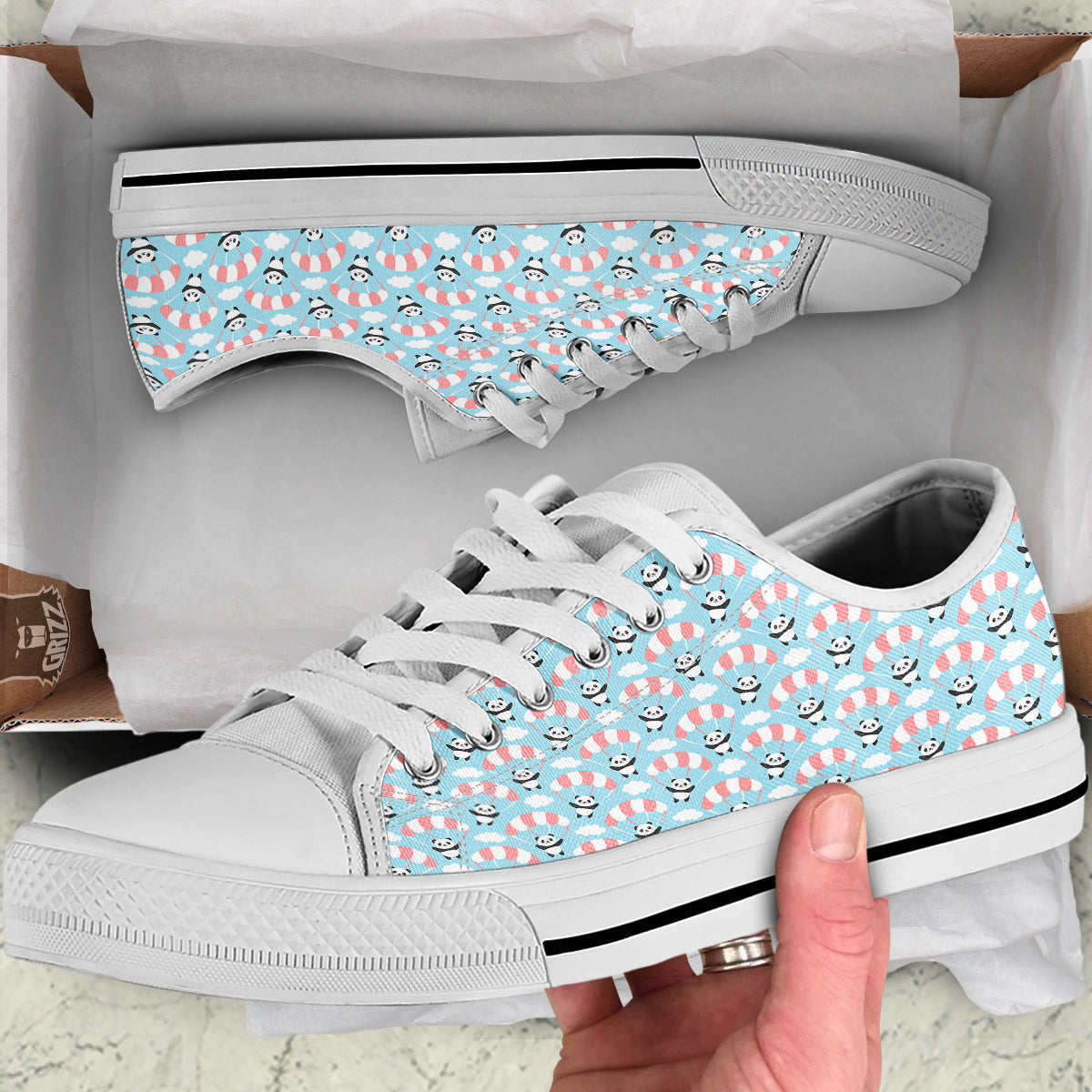 Parachute And Cute Panda Print Pattern White Low Top Shoes-grizzshop