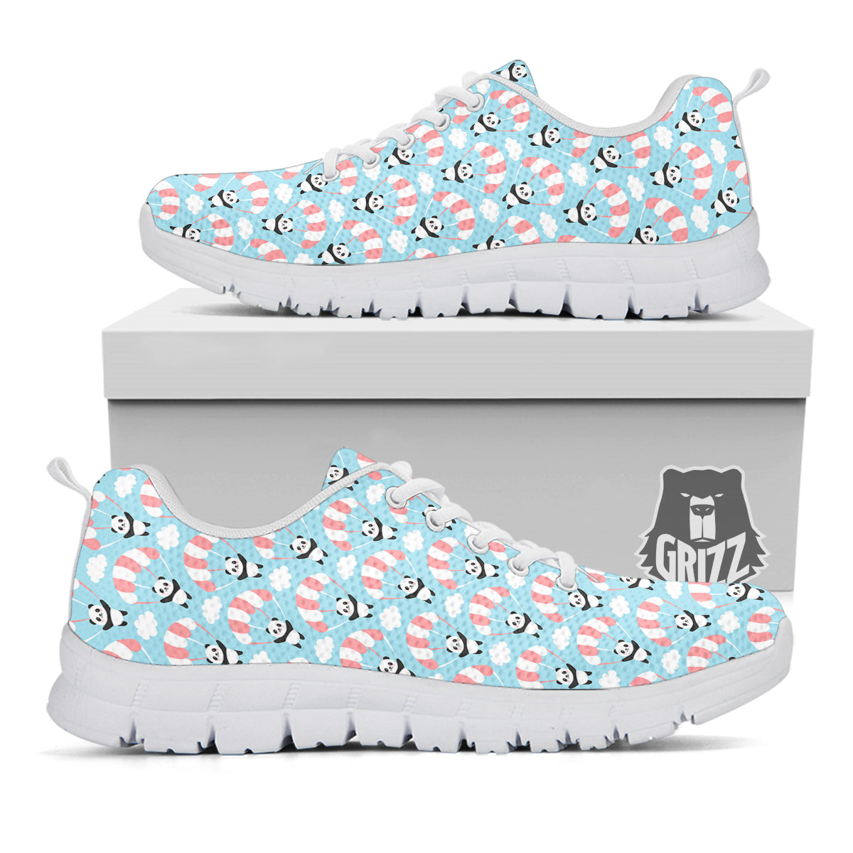 Parachute And Cute Panda Print Pattern White Sneaker-grizzshop