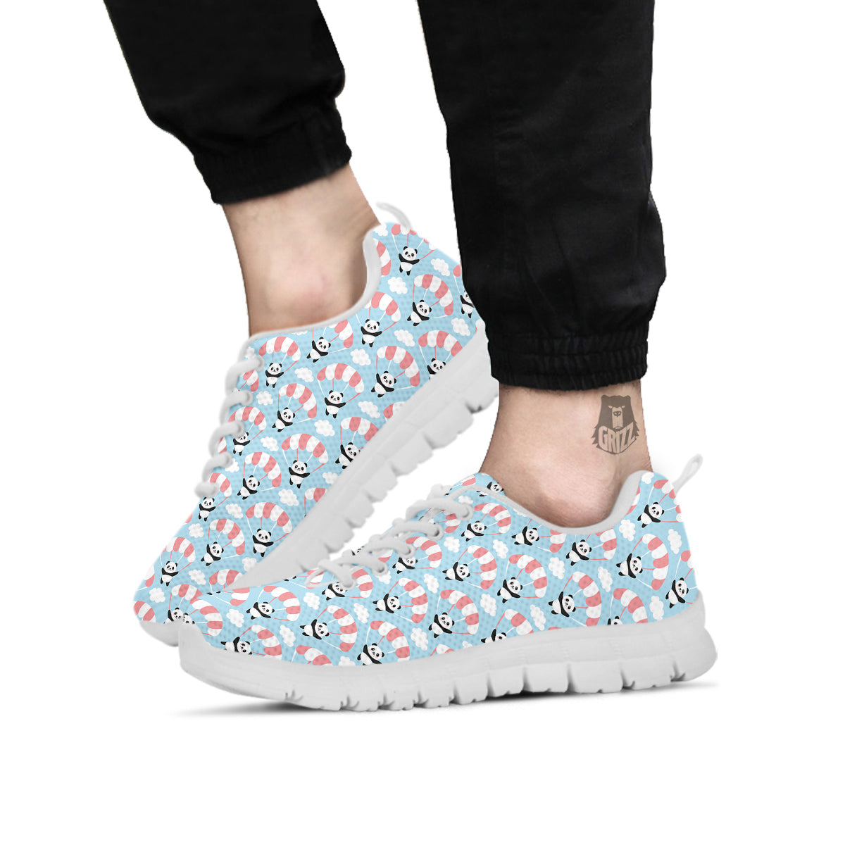 Parachute And Cute Panda Print Pattern White Sneaker-grizzshop