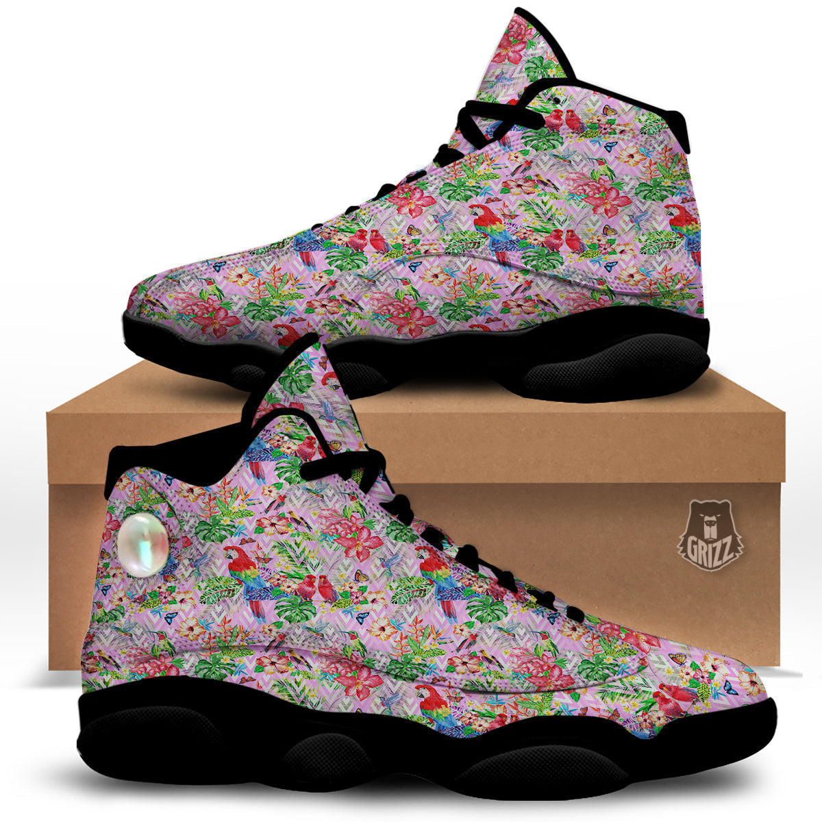 Paradise Flower Bird Print Pattern Black Basketball Shoes-grizzshop
