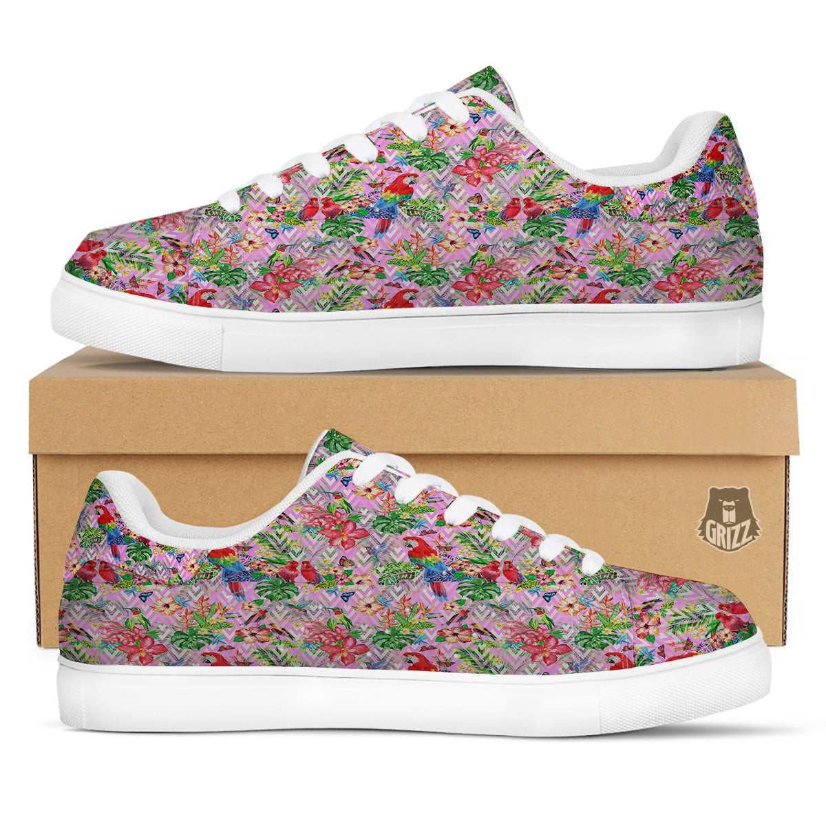 Paradise Flower Bird Print Pattern White Low Top Sneakers-grizzshop