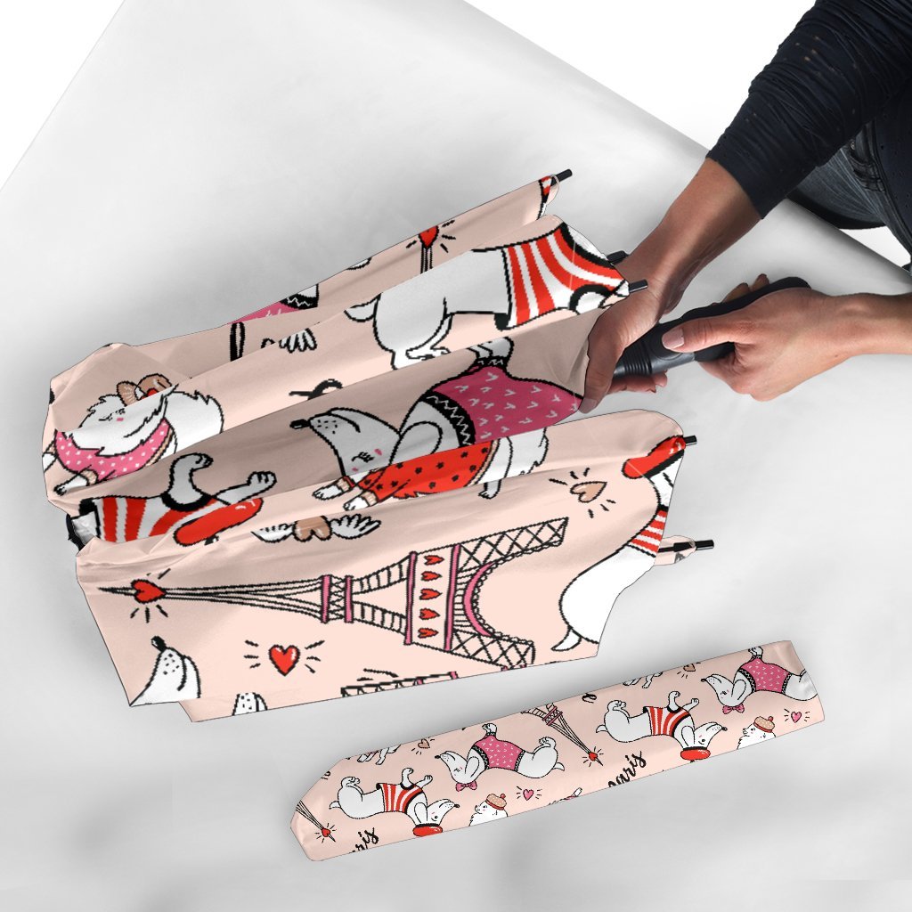Paris Dog Pattern Print Automatic Foldable Umbrella-grizzshop