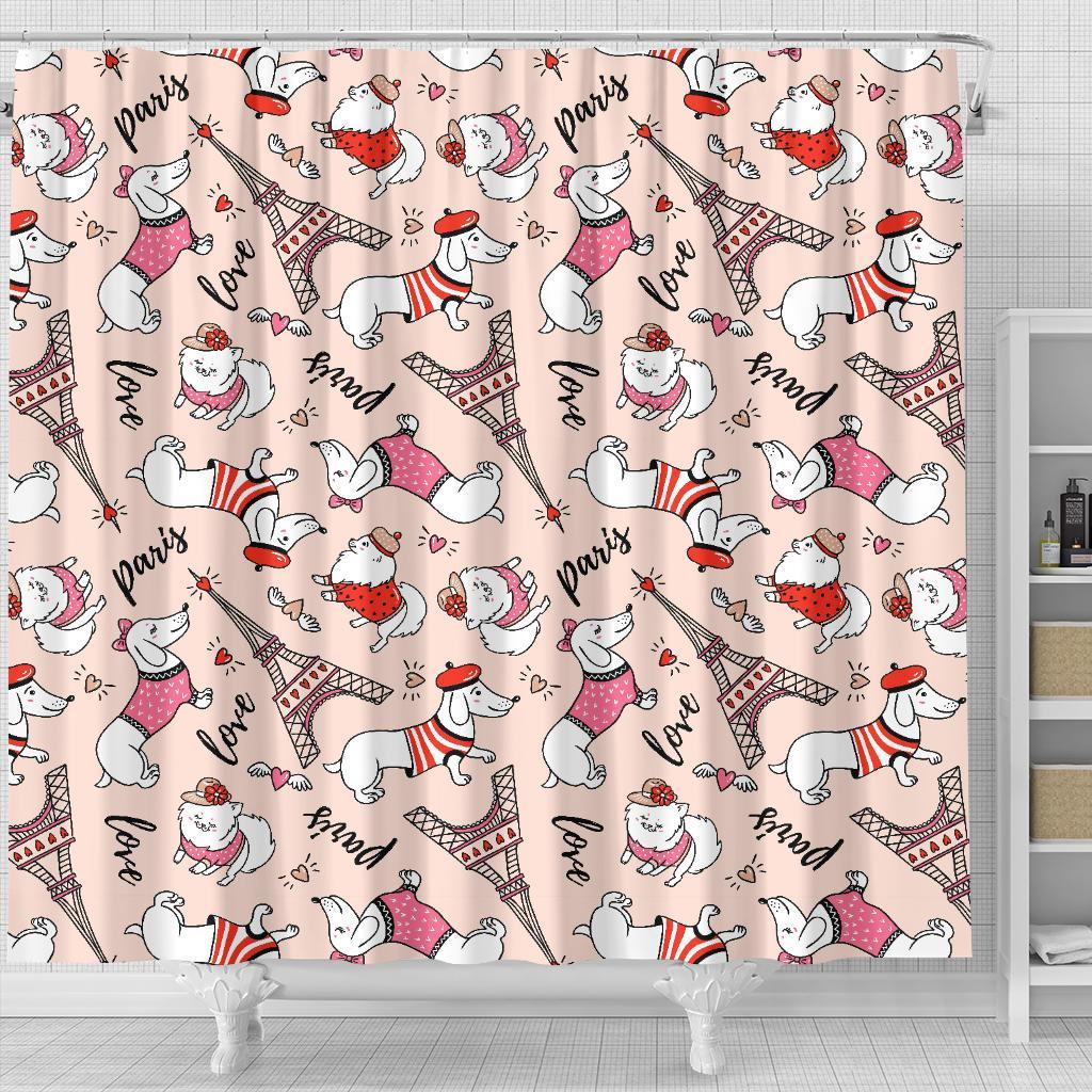 Paris Dog Pattern Print Bathroom Shower Curtain-grizzshop