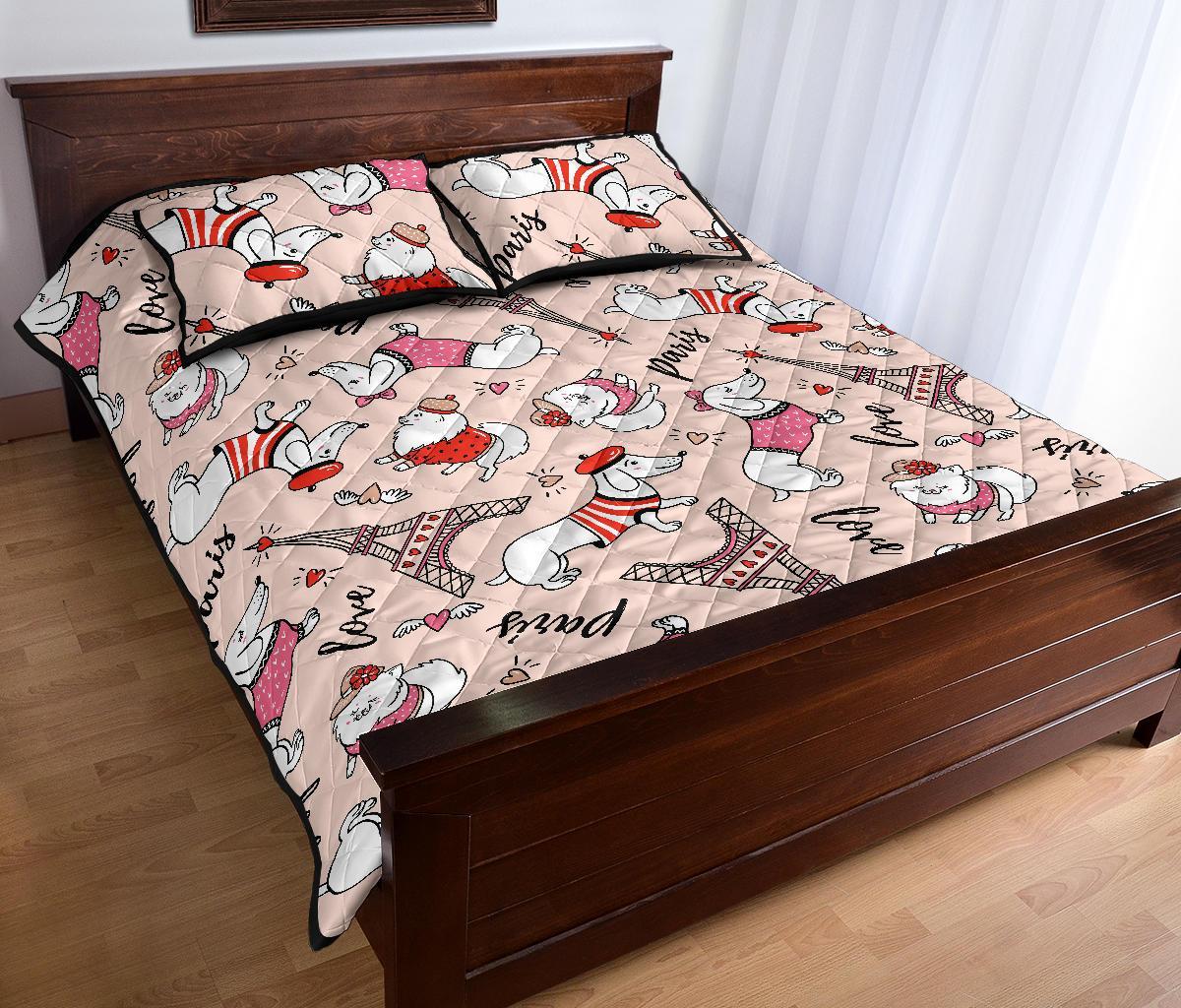 Paris Dog Pattern Print Bed Set Quilt-grizzshop