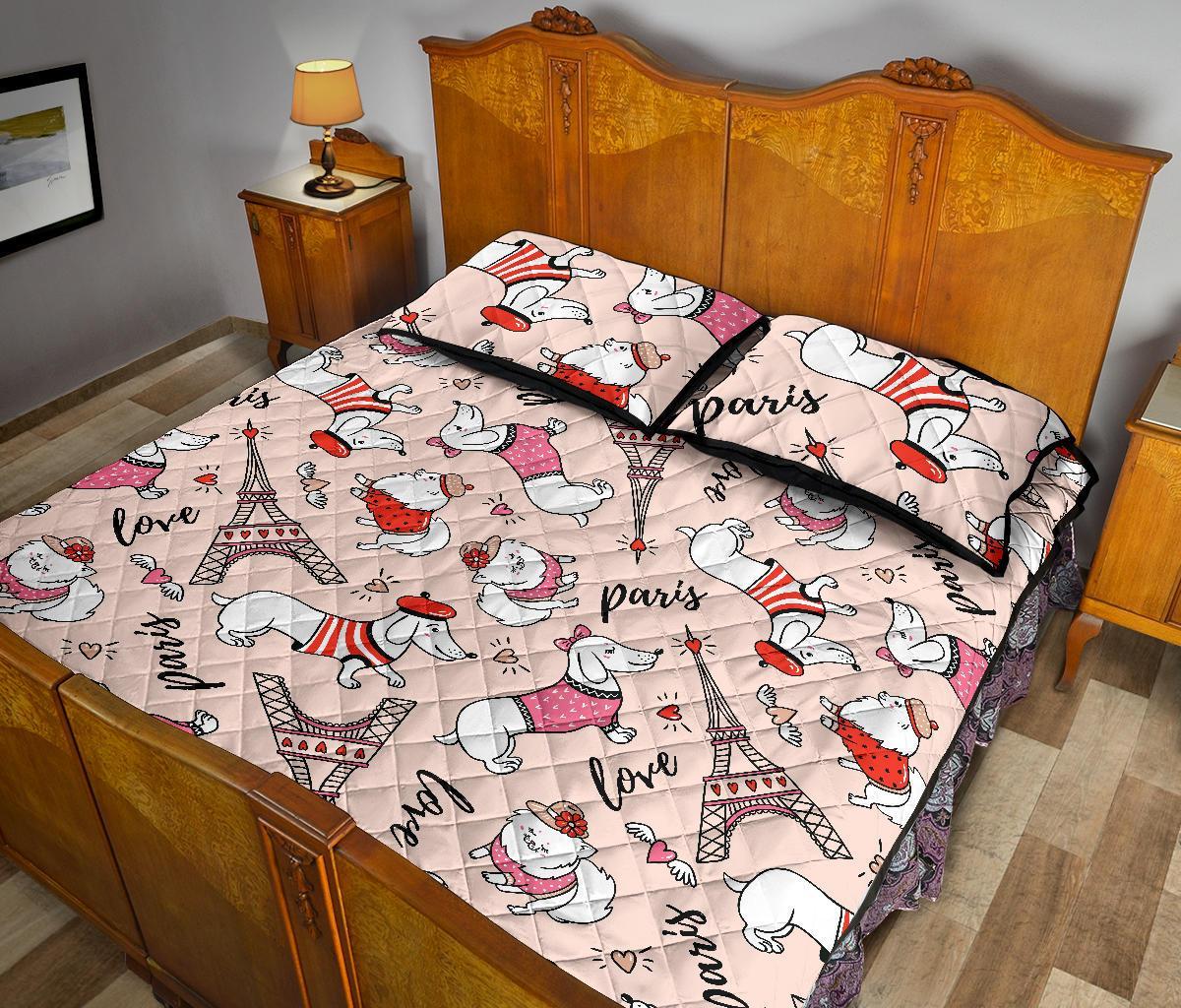 Paris Dog Pattern Print Bed Set Quilt-grizzshop