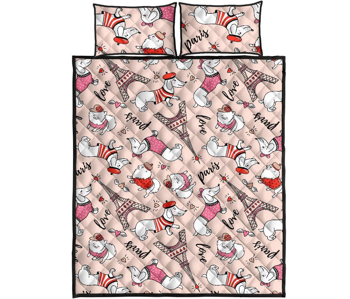 Paris Dog Pattern Print Bed Set Quilt-grizzshop