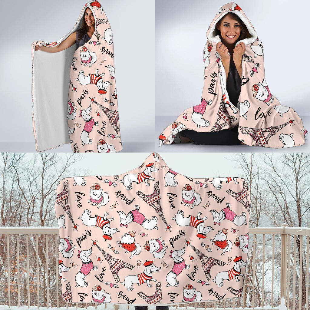 Paris Dog Pattern Print Hooded Blanket-grizzshop