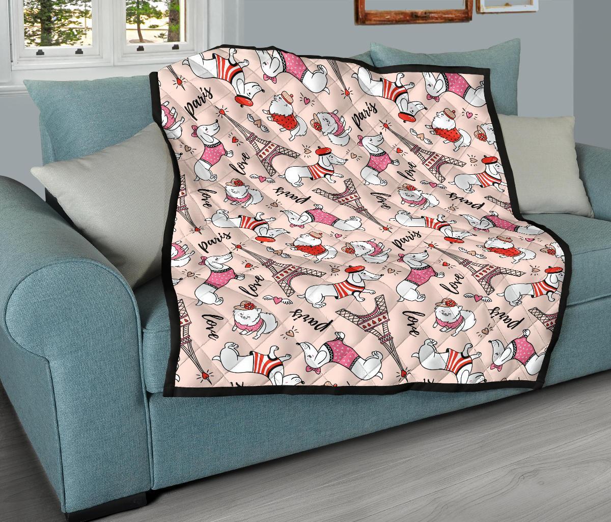 Paris Dog Pattern Print Quilt-grizzshop