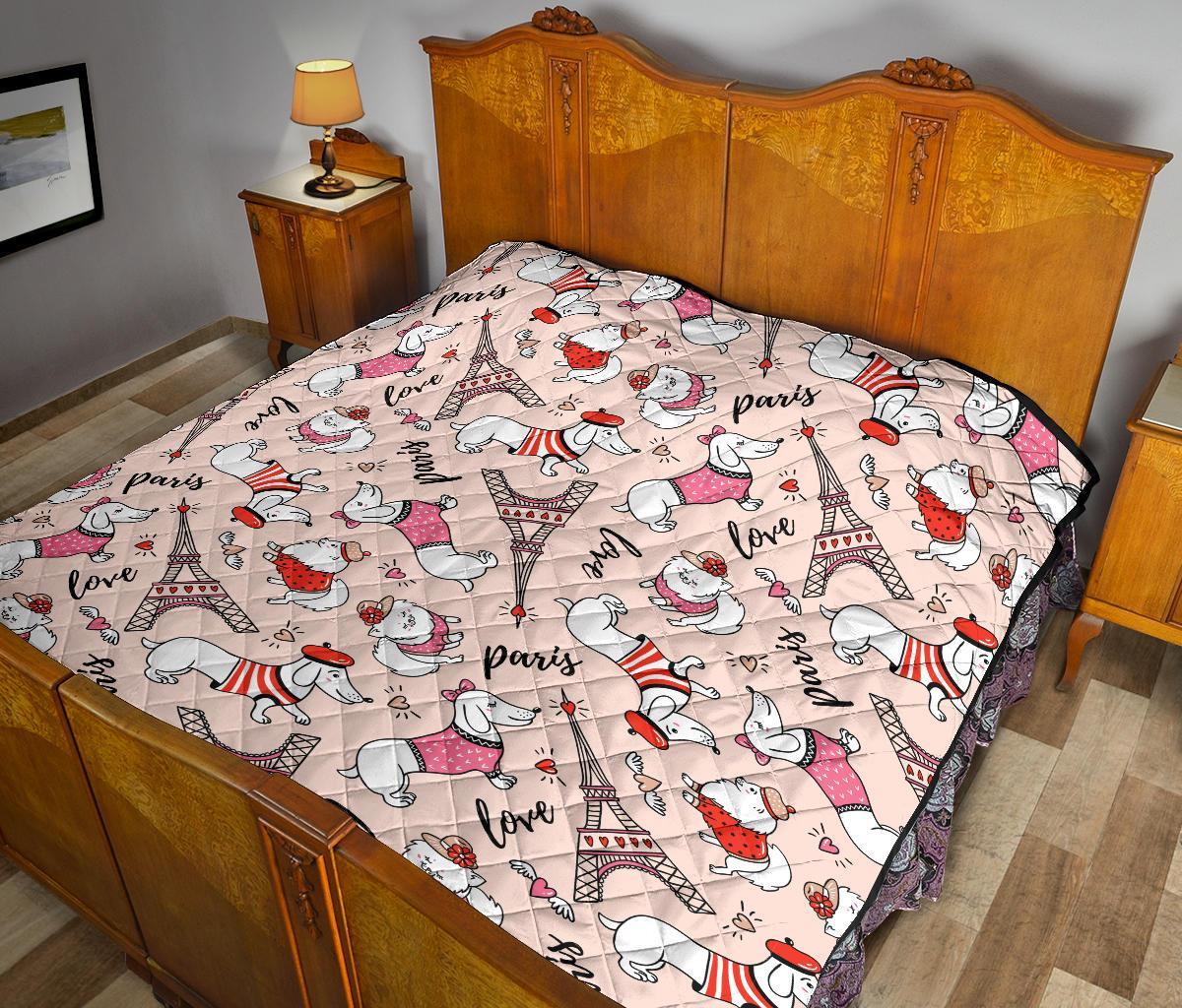 Paris Dog Pattern Print Quilt-grizzshop