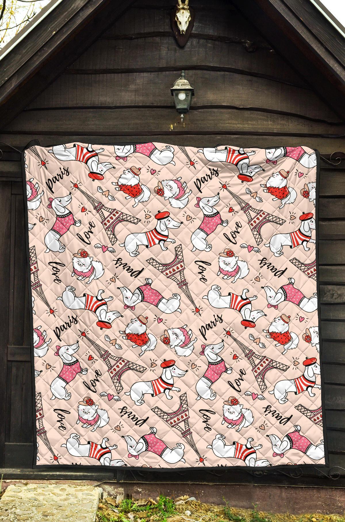 Paris Dog Pattern Print Quilt-grizzshop