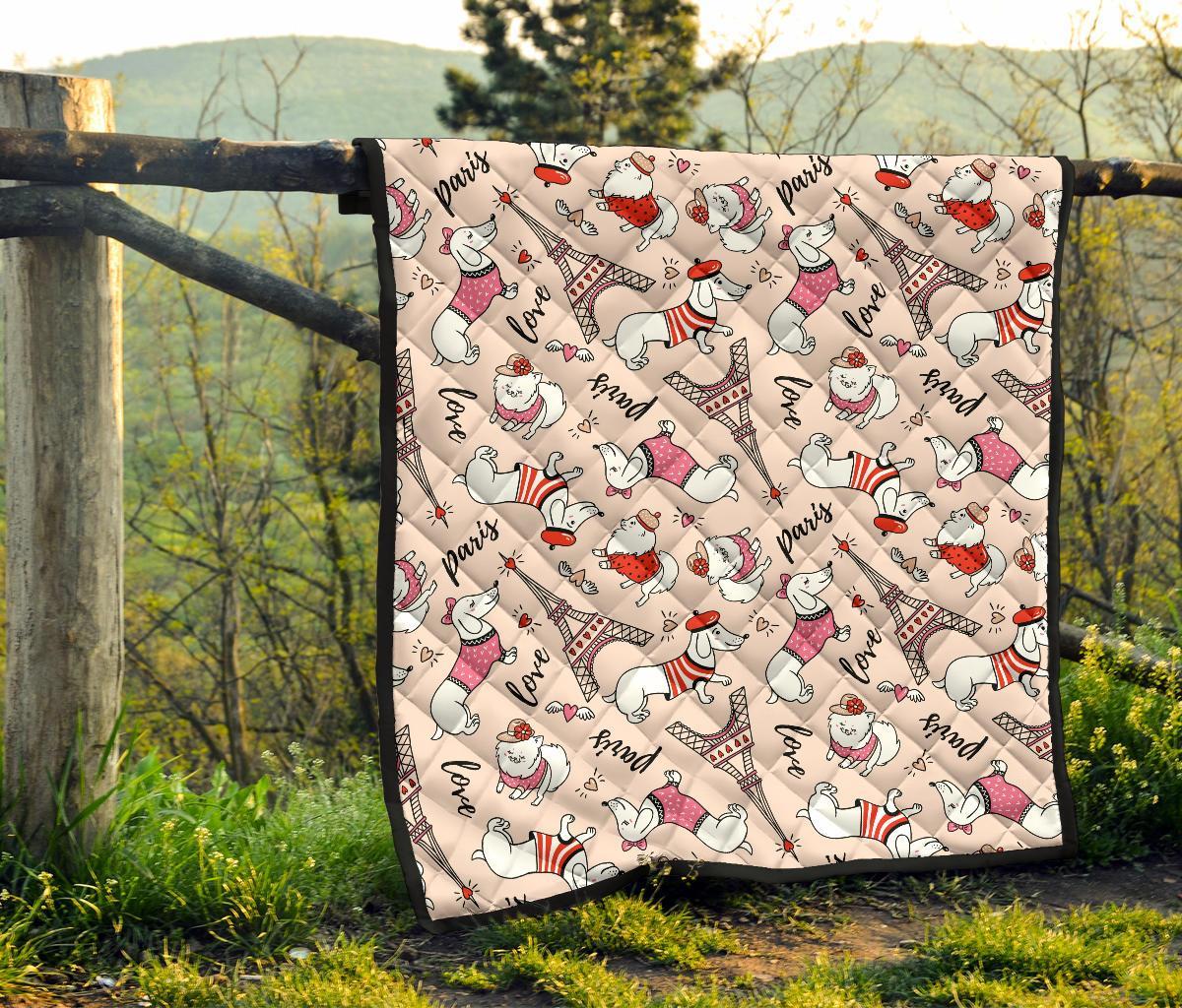 Paris Dog Pattern Print Quilt-grizzshop