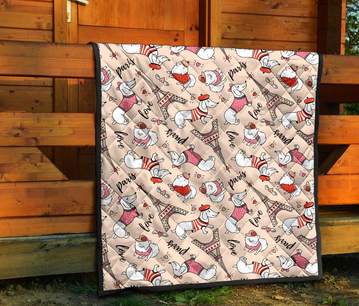 Paris Dog Pattern Print Quilt-grizzshop