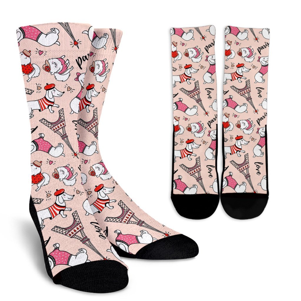 Paris Dog Pattern Print Unisex Crew Socks-grizzshop