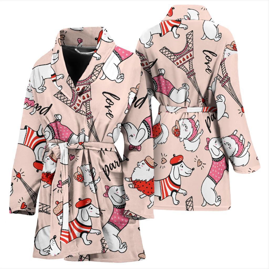 Paris Dog Pattern Print Women Long Robe-grizzshop