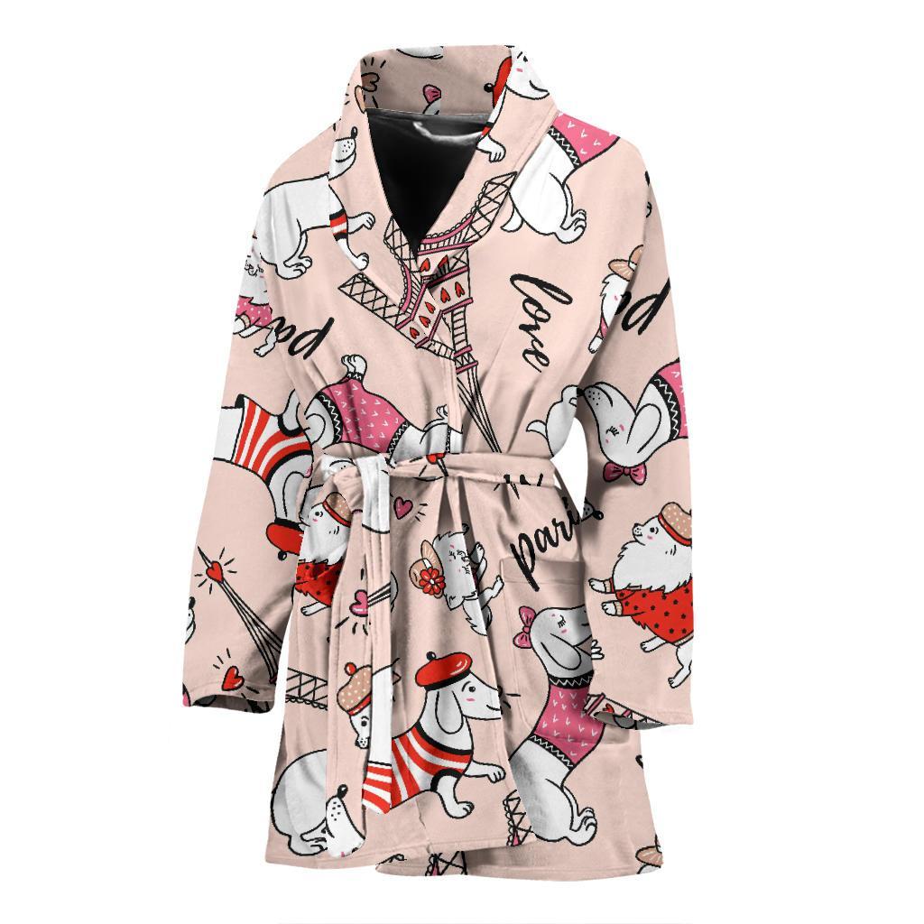 Paris Dog Pattern Print Women Long Robe-grizzshop