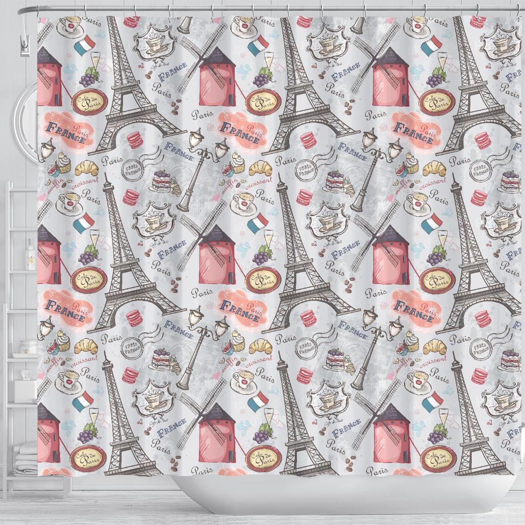 Paris France Pattern Print Bathroom Shower Curtain-grizzshop