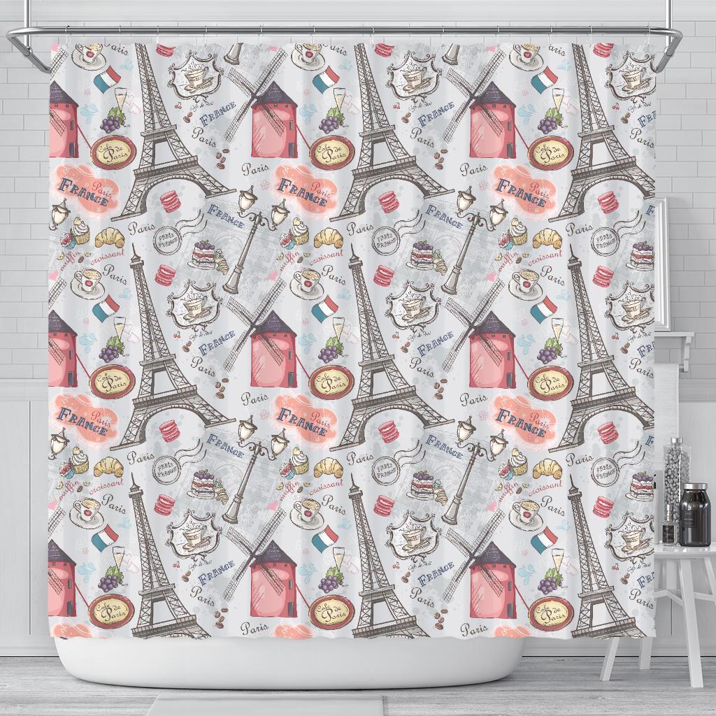 Paris France Pattern Print Bathroom Shower Curtain-grizzshop