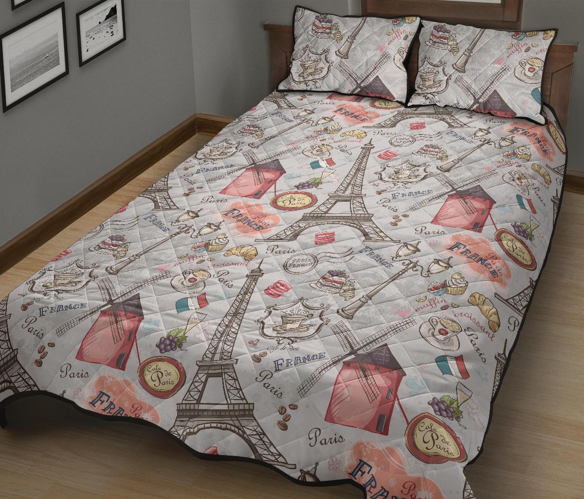 Paris France Pattern Print Bed Set Quilt-grizzshop