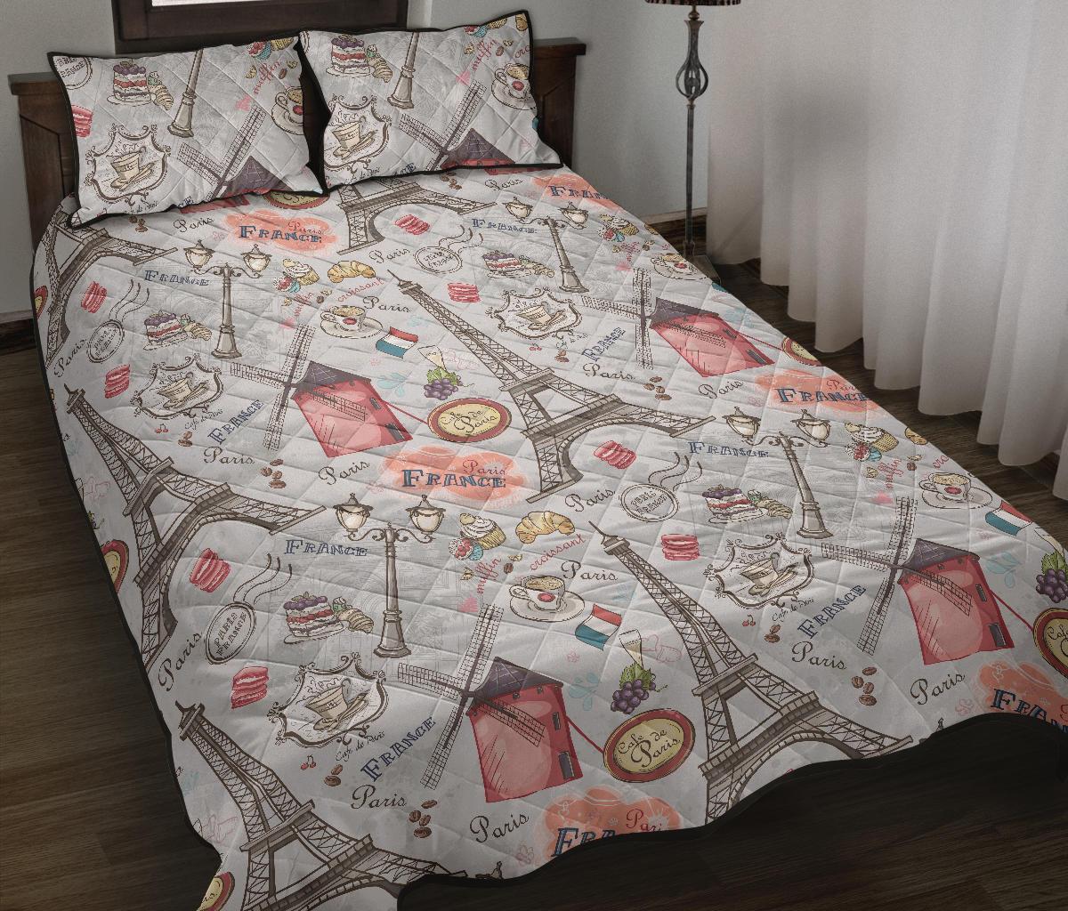 Paris France Pattern Print Bed Set Quilt-grizzshop