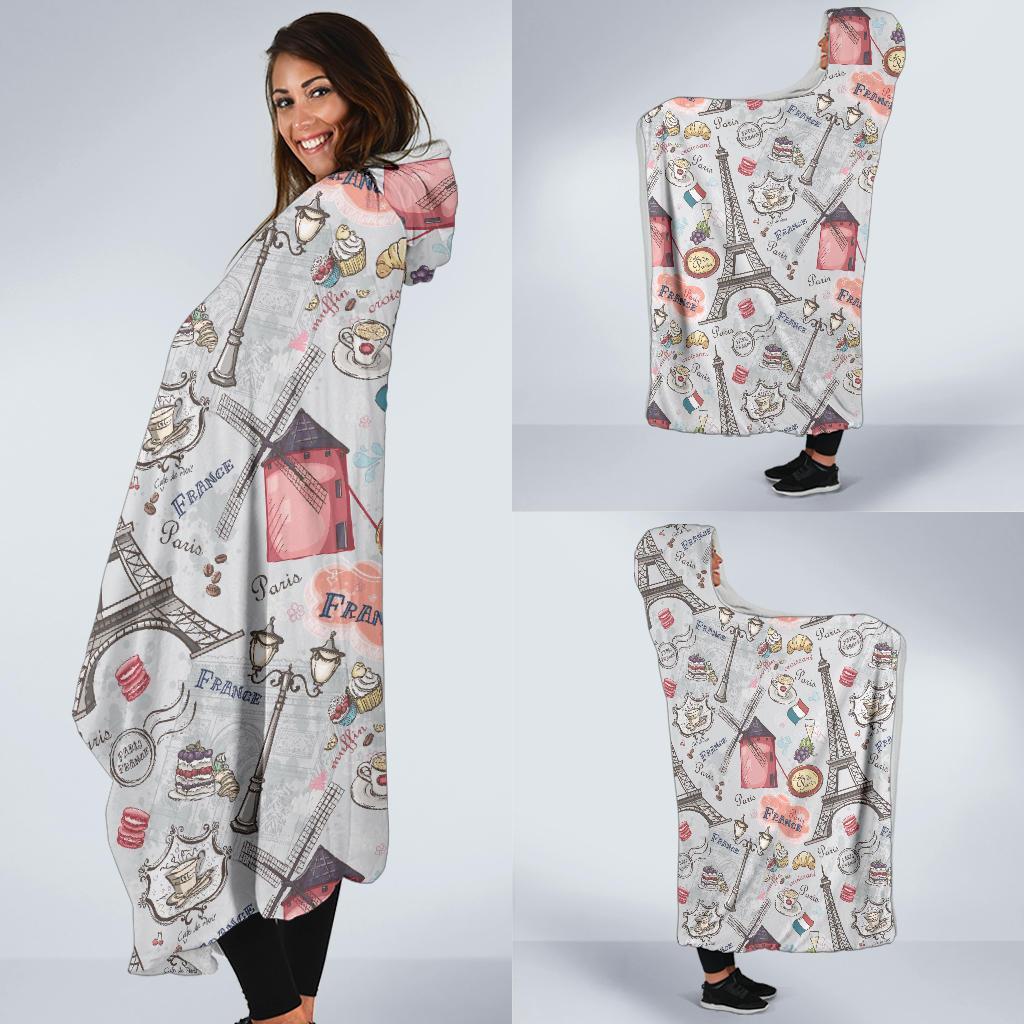 Paris France Pattern Print Hooded Blanket-grizzshop