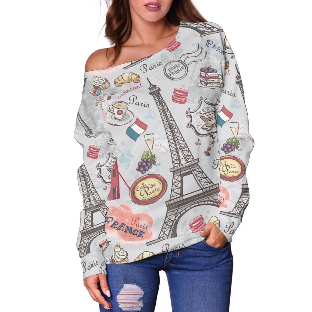 Paris France Pattern Print Women Off Shoulder Sweatshirt-grizzshop