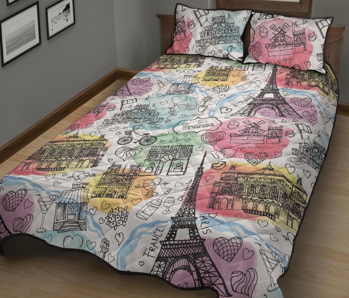 Paris France Print Pattern Bed Set Quilt-grizzshop