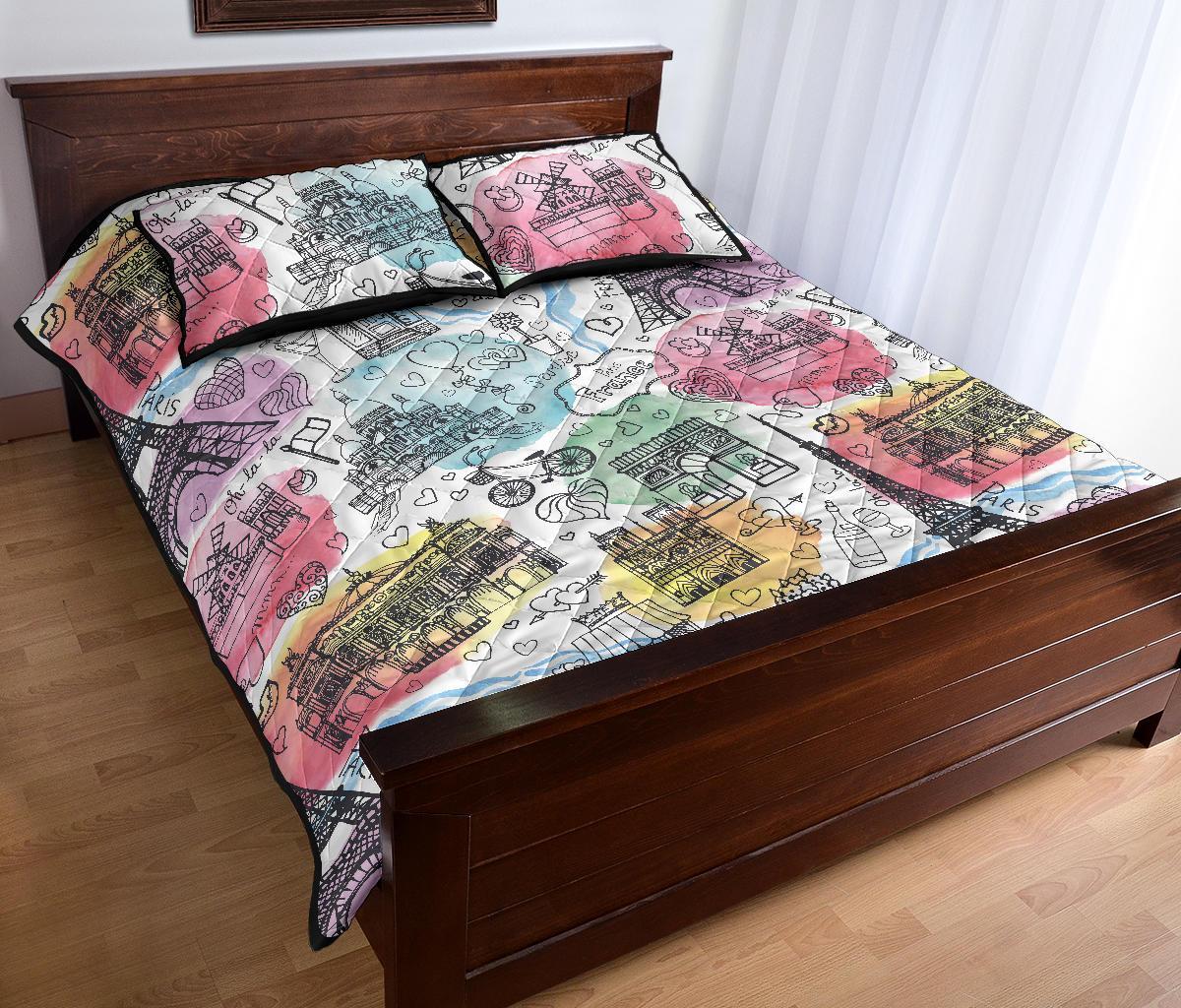 Paris France Print Pattern Bed Set Quilt-grizzshop