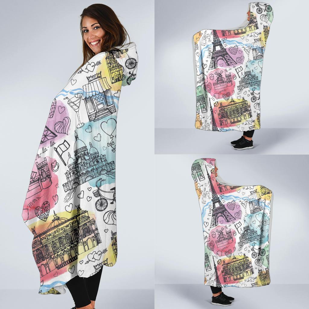 Paris France Print Pattern Hooded Blanket-grizzshop