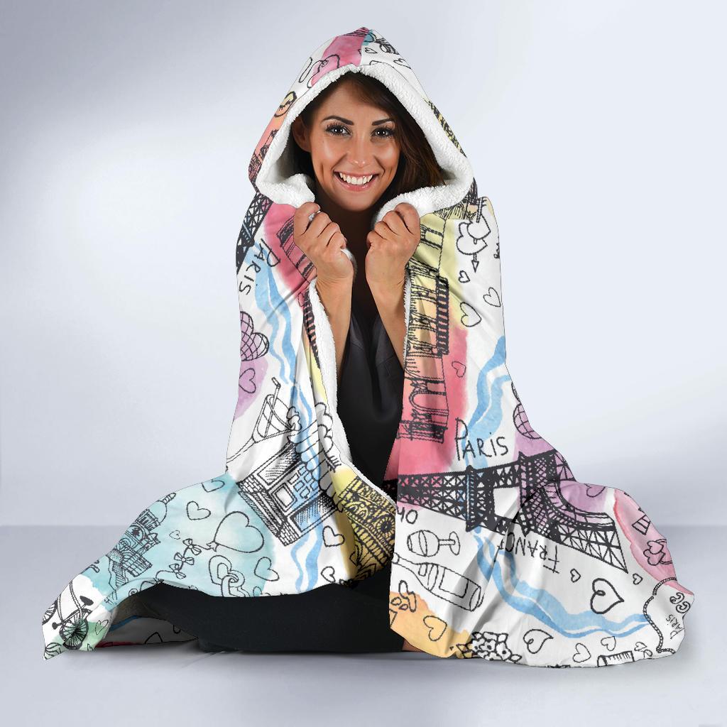 Paris France Print Pattern Hooded Blanket-grizzshop