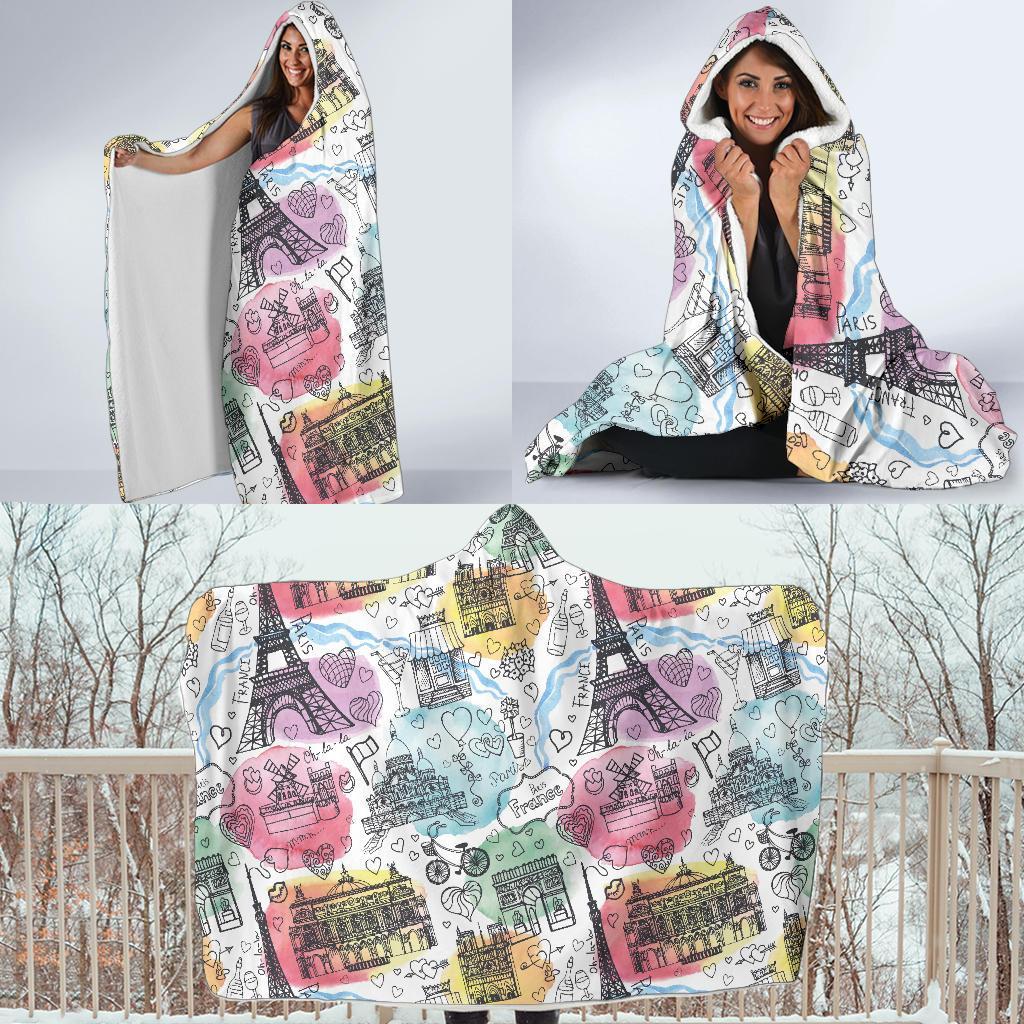 Paris France Print Pattern Hooded Blanket-grizzshop